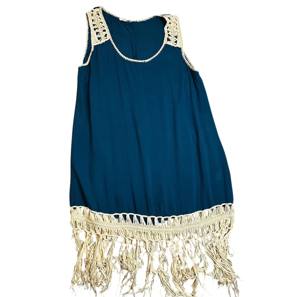 Umgee Women Teal Blue Boho Crochet Trim Sleeveless Tunic Top Fringe‎ Hem Medium